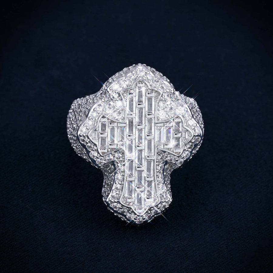 Iced Baguette Cross Ring - baget kesim kübik zirkon haç motifli yüzük önden görünüm