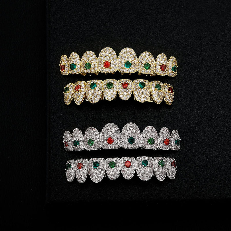 Multicolor Iced Full Grillz Seti - gold ve silver üst alt tam kaplama, kırmızı ve yeşil kübik zirkon taşlı full grillz takımı