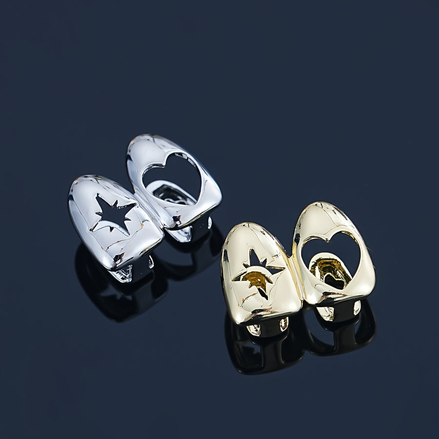 Yıldız & Kalp Çift Diş Grillz - gold ve silver, kesme yıldız ve kalp motifli taşsız çift diş grillz