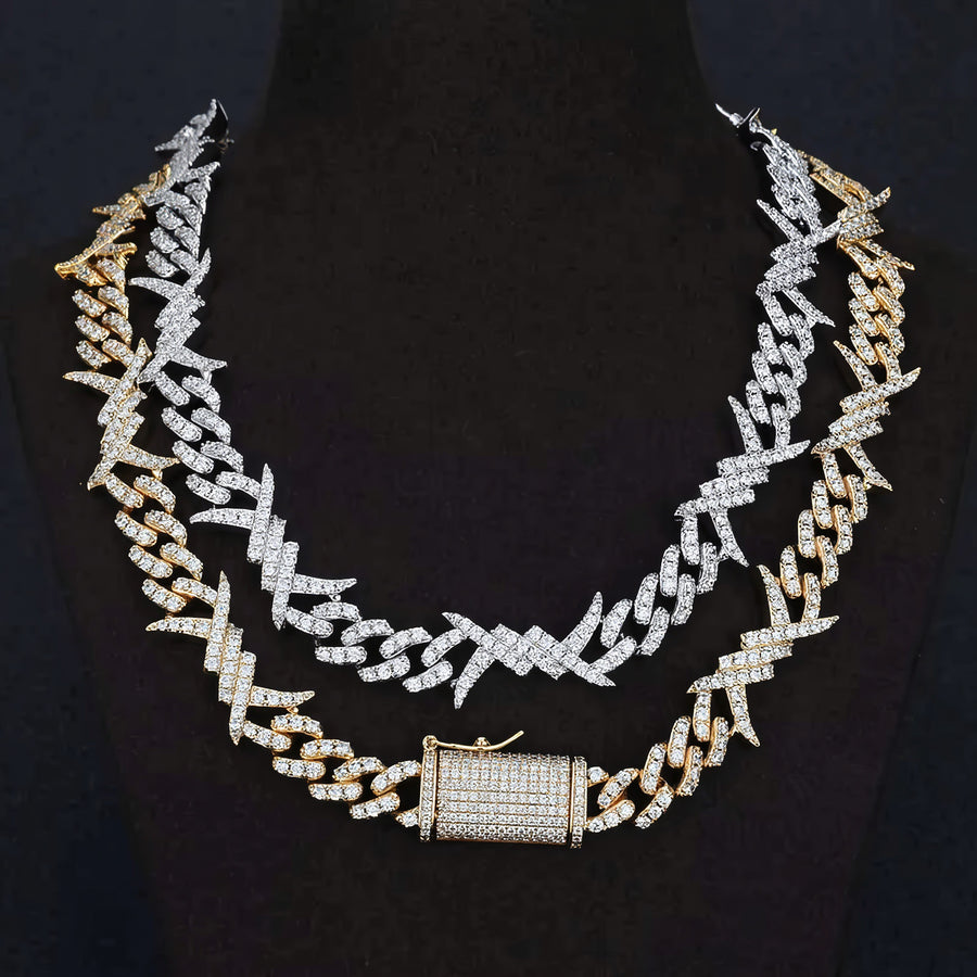 18mm Iced Barbed Wire Cuban Chain — silver ve gold dikenli küba zinciri