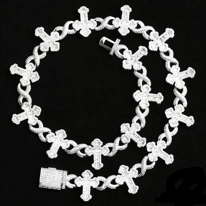 15mm Iced Cross Infinity Chain — baget taşlı haç ve sonsuzluk halkalı iced out zincir