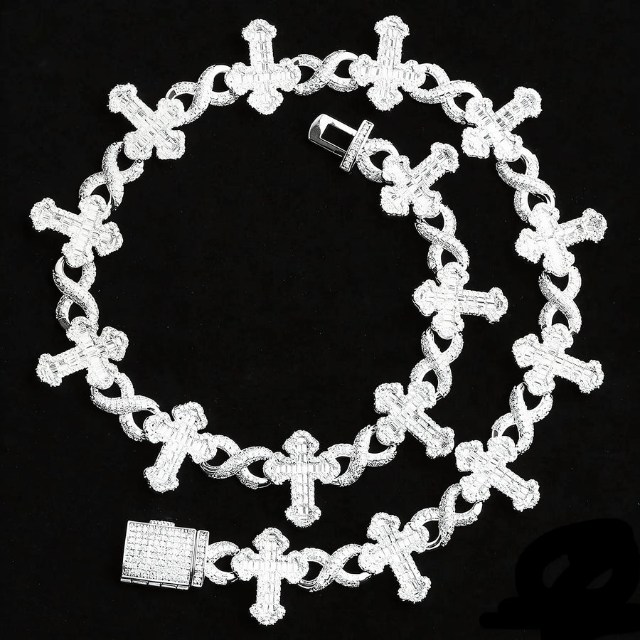 15mm Iced Cross Infinity Chain — baget taşlı haç ve sonsuzluk halkalı iced out zincir