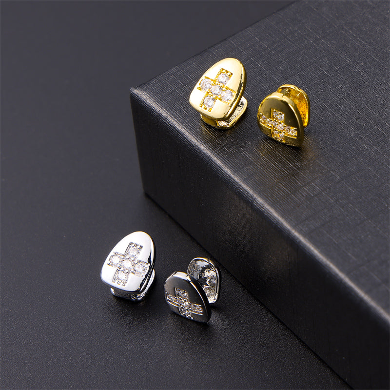 Iced Cross Single Grillz - gold ve silver tek diş grillz, kübik zirkon haç desenli
