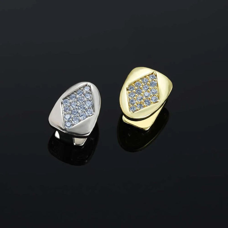 Iced Diamond Single Grillz - gold ve silver tek diş grillz, baklava formunda pave kübik zirkon