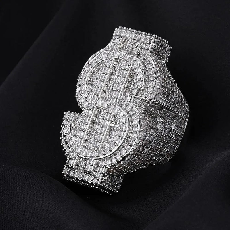 Iced Dollar Sign Pave Ring - tam pave kübik zirkon taşlı dolar sembolü yüzük