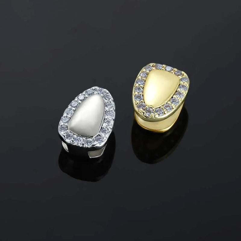 Iced Halo Single Grillz - gold ve silver tek diş grillz, çevresi kübik zirkon taşlı