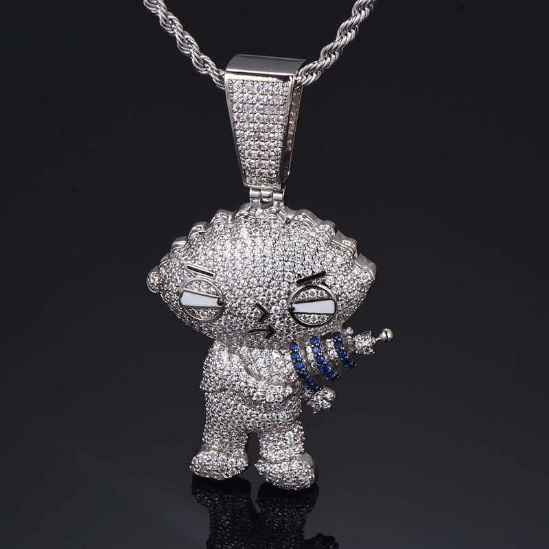 Iced Out Stewie - pave kübik zirkon taşlı çizgi film bebek figürü kolye ucu