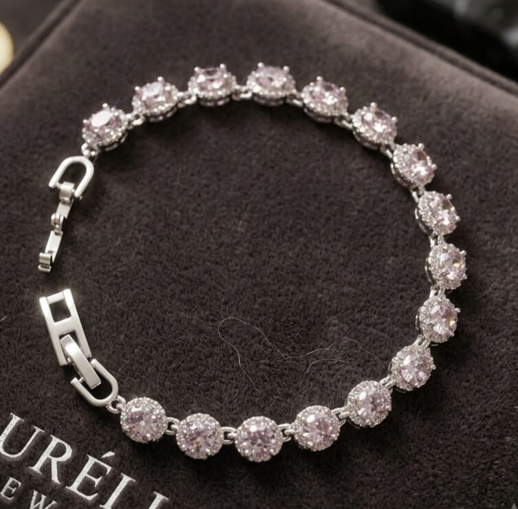 Iced Round Halo Tennis Bracelet - round kesim pembe taşlı halo tenis bileklik