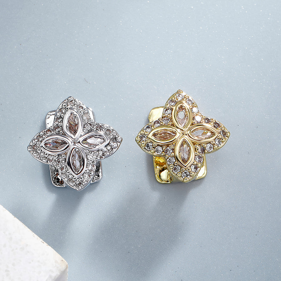Iced Marquise Flower Single Grillz - gold ve silver tek diş grillz, markiz kesim çiçek formunda kübik zirkon taşlı