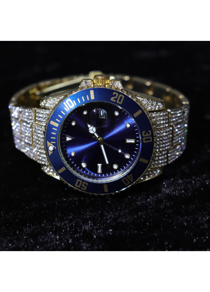 Iced Submariner Case Watch (Blue-Gold)